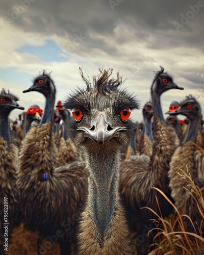 A humorous yet poignant photograph capturing a group of emus in a standoff against a mock military force, complete with makeshift emu soldiers donning tiny helmets. The image plays with the absurdity 