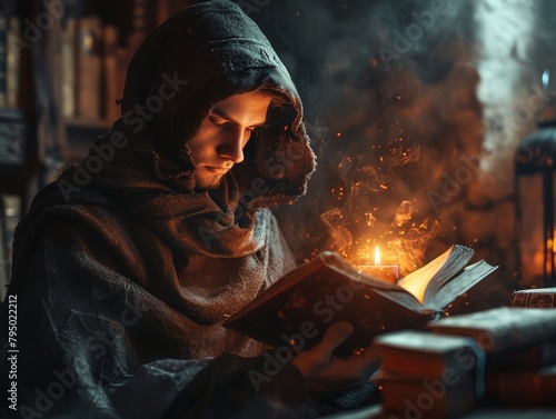 A man in robe and hood reading magical book, wizard. A Keen Sense of Spell