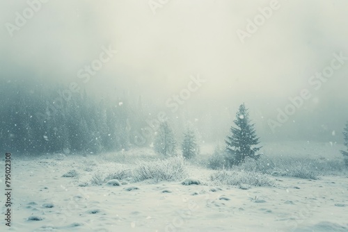 A landscape shrouded in vexing snow, with subtle hints of distant trees barely visible through the falling flakes.