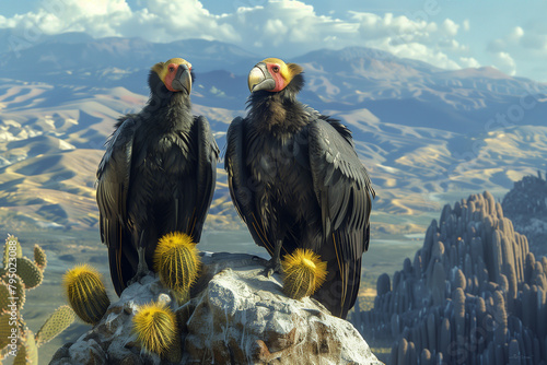 California condors perched on Mexican giant cardon cactus in the mountain range of Baja California in Mexico, 3D render, illustration
