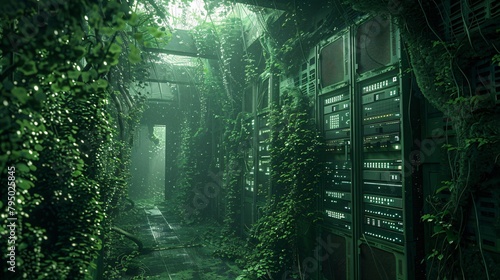 A post-apocalyptic data center overgrown with vegetation