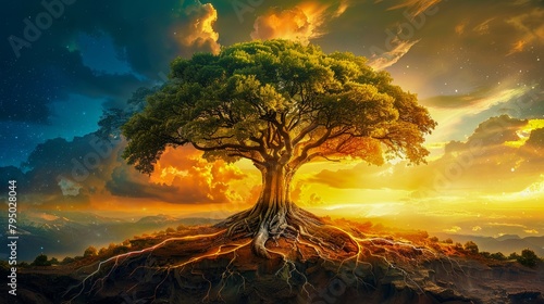 A majestic tree with roots and branches forming a cycle, illustrating the interconnectedness of all destinies.