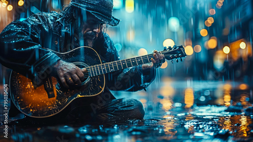 Street musician playing the guitar in a rainy city at night