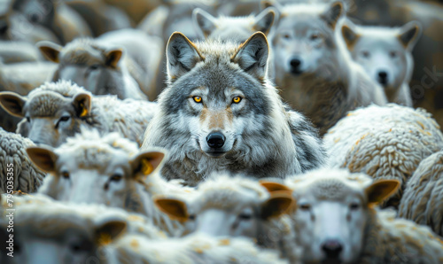 Sneaky Wolf in Sheep's Clothing, Canine Disguised Among Fluffy Herd