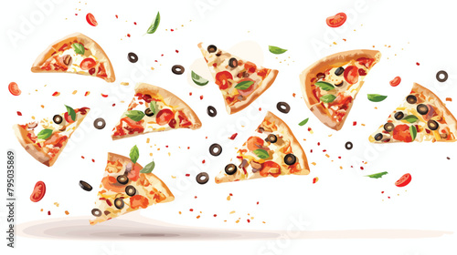 Flying slices of tasty pizzas on white background Vector