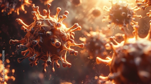 Close up orange virus cells infection causing chronic disease. monkeypox, variant corona delta, vaccine. 3D medical illustration