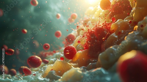 Illustration of red blood cells in a stream in human body background, 3D illustration