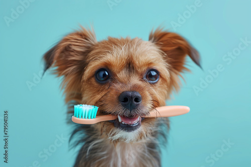 Cute brown dog holds toothbrush in the mouth in front of blue background in vet clinic.