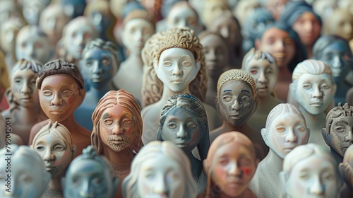 A crowd of clay sculptures with various skin tones and facial features