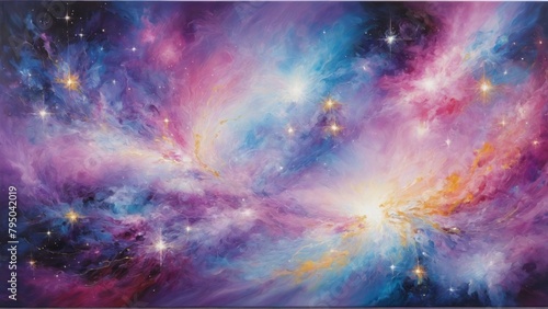 Abstract canvas depicting a galactic nebula in vivid colors. Cosmic beauty and interstellar clouds.