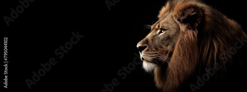 Profile of a lion isolated on a black background, wide horizontal panoramic banner , copy space.