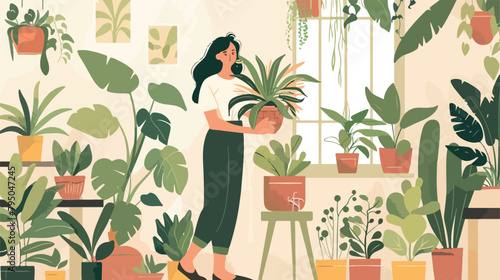 Girl caring for house plants in urban home garden . F