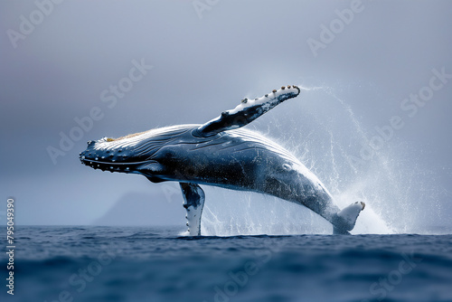 Humpback whale jumping above the water..