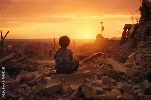 Generative ai picture of orphan kid affected by war alone in bombed and destroyed city