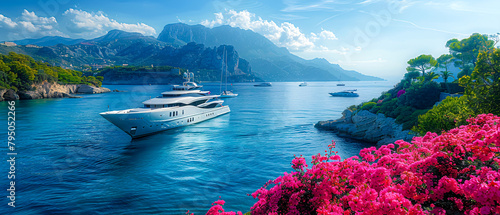 Mediterranean Coastline and Boat, Serene Vacation Spot, Scenic Panorama of Turquoise Sea