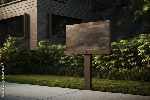 3D rendered mockup of an empty yard sign, perfectly placed in front of a house to capture attention, with detailed textures of both the sign and the architecture