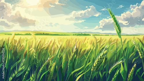 Green wheat field on sunny day Vector illustration