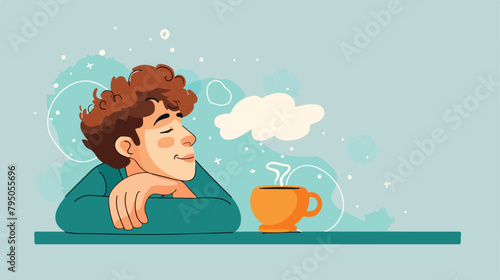 Tired Man thinking about coffee cup. Drowsy male pers