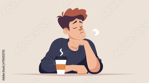 Tired Man thinking about coffee cup. Drowsy male pers