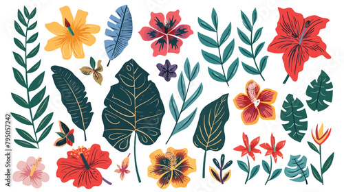 Tropical flowers and leaves collection isolated eleme