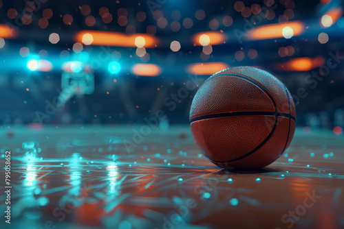Basketball ball on court floor close up
