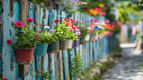 A fence on which rows of flower pots are fixed from the inside