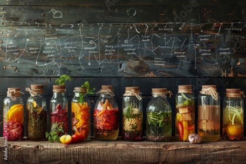 Variety of preserved foods in glass jars on wooden shelves