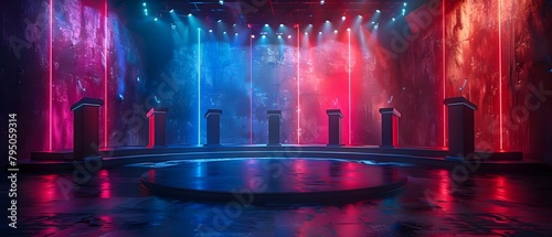 Elaborate game show set with podiums buzzers and audience for contestants. Concept Game Show, Set Design, Podiums, Buzzers, Audience Participation