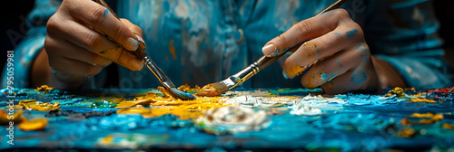 Cropped image of artist woman's hand drawing an o, A woman is painting on a canvas and is holding a paint brush and a paintbrush 