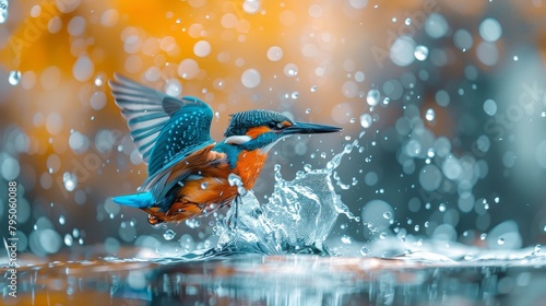 A kingfisher bird is flying over the water, its wings are spread wide and its beak is open surrounded by a splash of water and the background is blurred.