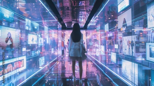 A woman stands in a room with many screens on the walls