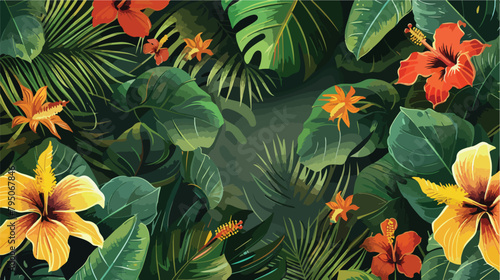 Vector wallpaper of tropical flowers green leaves of