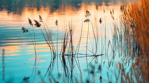 Reeds on the shore of the lake at sunset. Plants 
