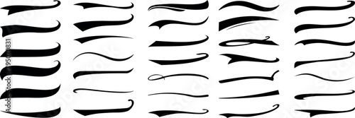 black swooshes, swirls collection on white background. Perfect design accents, calligraphic enhancements. Varying thickness, typography, curvature. Simple swoos smooth curves, complex shapes with loop