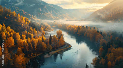 River in the mountains at sunset. View of the autumn f