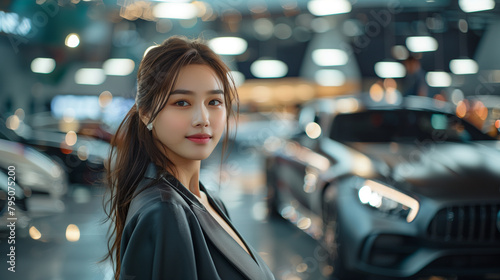 Portrait of a gorgeous Asian saleswoman with a serene expression at a high-end automobile showroom with soft lighting.