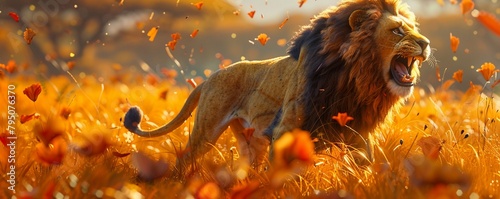 Cartoon of a lion, regal and roaring, the savanna's animated king