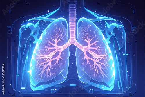 A detailed illustration of lungs with a clear cut animation style, showing the anatomy and structure of the human airways and bronchial tubes.