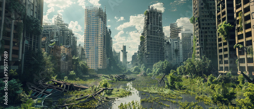 A desolate city consumed by plant life, abandoned in the aftermath of an apocalyptic event.
