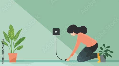 Woman plugging black WiFi repeater in electric socket