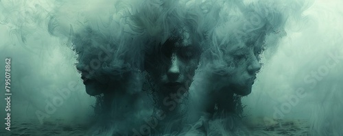 Ghostly faces hidden in the mist, haunting and mysterious
