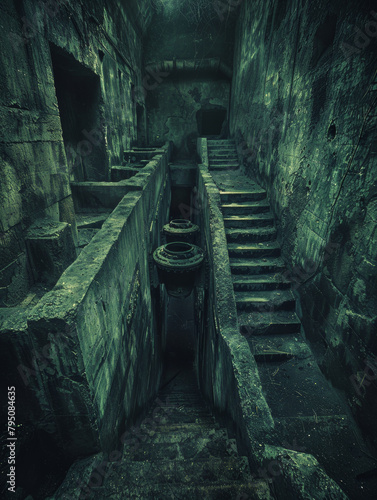 A dark, narrow staircase leads to a room with a green wall. The room is dimly lit, and the atmosphere is eerie and unsettling