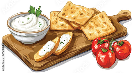 Wooden board with tasty crispbreads bowl of cream che