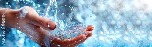 A human hand securely holds a glass filled with clear water, with droplets falling from above
