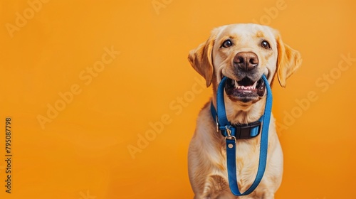 a dog with a blue leash in its mouth