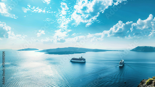Santorini island Greece. Blue sea and the blue sky. 