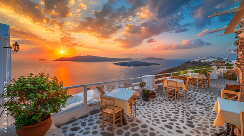 Santorini island Greece. Cafe on the terrace 