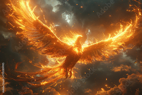 A phoenix rising from the ashes, flames in its feathers and wings spread wide as it rises into the sky. Created with Ai