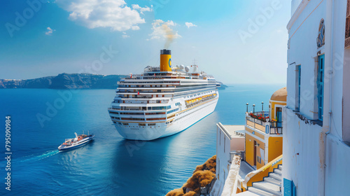 Santorini island Greece. Cruise ship ne the coast. background