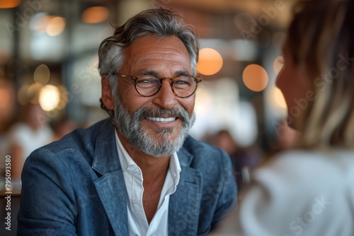 Portrait of an older man with glasses smiling warmly during a conversation